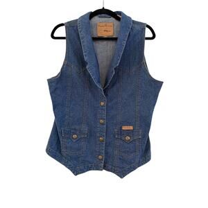 Powder River Outfitters Button Down Denim Vest Womens Large Blue Western Vintage